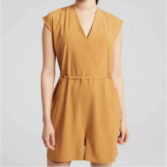 Athleta Women Marlow Drawstring V-Neck Short Sleeve Romper Tuscan Gold Sz S 2339 - Picture 5 of 13